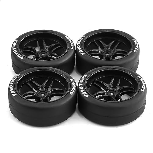 REDSPIDER 1:10 RC Drift Tires(4PCS) 12mm Hex RC Wheels and Tires Smooth Surface Rubber Tires Fit for 1/10 On-Road Drifting Car Traxxas HSP Tamiya HPI Kyosho (Black) - color: Black