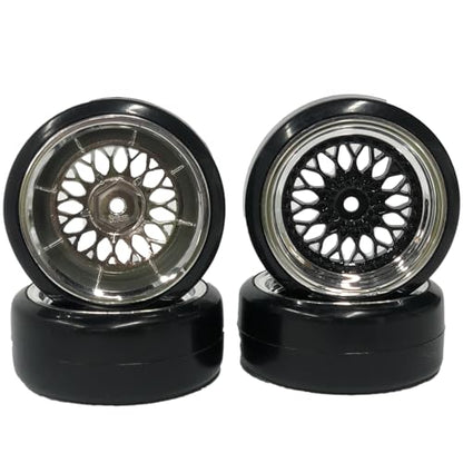 4PCS 1/10 RC Drift Car Tires Smooth Hard Tyre Plastic Plating Wheel Rims Set Replacement for HSP Tamiya HPI Kyosho On-Road Drifting Car (Black Silver) - color: Black Silver