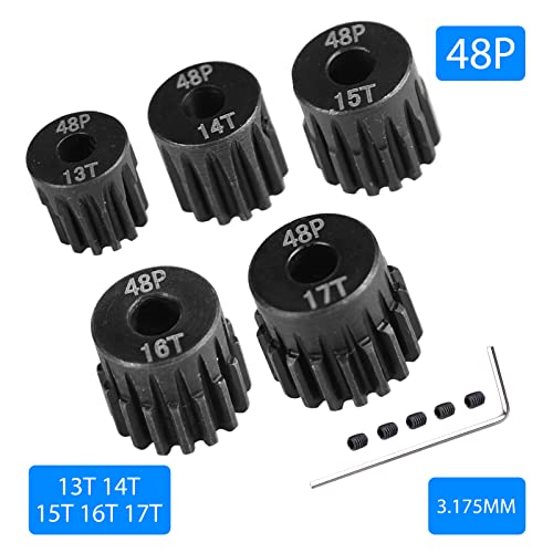 AIMROCK 5-Pack 48P RC Motor Pinion Gears Set: 13T 14T 15T 16T 17T Upgrade Parts for 1/10 RC Car 3.175mm Shaft Motor - size: 13T 14T 15T 16T 17T