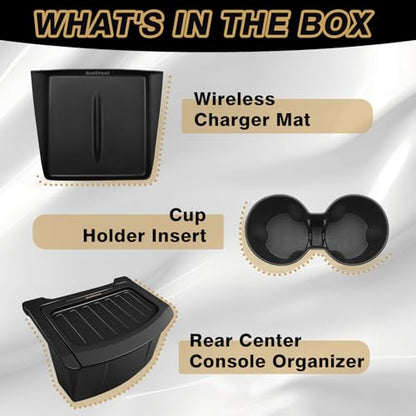 BestEvMod 3PCS Console Essentials Bundle for 2026 2025 Model Y Juniper | Trash Can Backseat Storage Box Garbage Rear Bin Can Rear Center Console Organizer & Wireless Charger Mat & Cup Holder Insert - size: 3 PCS - Essentials Bundle