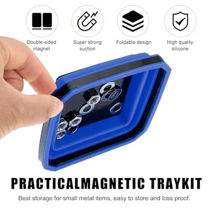 Yourkar Collapsible Magnetic Parts Tray, 4.5 Inch Foldable Magnetic Square Silicone Tray, Tool Tray Set with Double-Sided Magnetic Base for Screw Bolts Nuts Pins, Car Accessories (Black+Blue, 2 PCS) - color: Black+Blue, 2 PCS