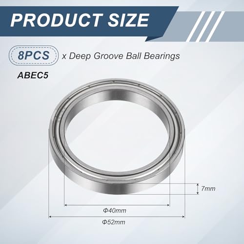 uxcell 8Pcs 6808ZZ 40mmx52mmx7mm Deep Groove Ball Bearings, Double Metal Shielded Bearing Steel ABEC5 High Performance for Industrial Machinery Precision Transmission, Silver - size: 6808ZZ 40mmx52mmx7mm