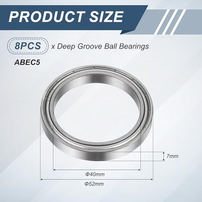 uxcell 8Pcs 6808ZZ 40mmx52mmx7mm Deep Groove Ball Bearings, Double Metal Shielded Bearing Steel ABEC5 High Performance for Industrial Machinery Precision Transmission, Silver - size: 6808ZZ 40mmx52mmx7mm
