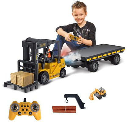 KNACKTOYZ Remote Control Forklift with Flatbed Truck, 11 Channel RC Forklifts with Spray, Cool Lights & Sound, 2 in 1 Lift Fork & Hook, Crane Construction Toys for Boys, Birthday Gift for Kids 3+