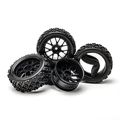 4 Pcs Black 1:10 Scale RC Tires Wheel Rims | Split-type Tires, ABS Wheels + Rubber Tires, 12mm Hex, Raised Tread Pattern, Shock Absorption, Anti-Slip, Strong Grip