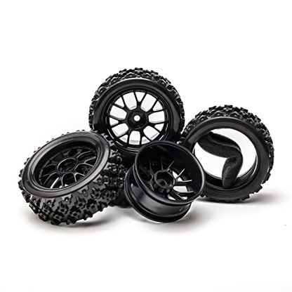 4 Pcs Black 1:10 Scale RC Tires Wheel Rims | Split-type Tires, ABS Wheels + Rubber Tires, 12mm Hex, Raised Tread Pattern, Shock Absorption, Anti-Slip, Strong Grip