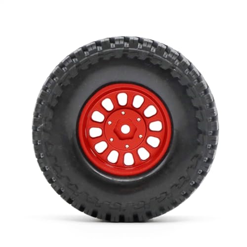 1.3” Brass Beadlock Wheels & All-Terrain Tires Set for 1/18 1/24 RC Crawler TRX4M, Axial SCX24 / AX24, Redcat Ascent-18, FMS FCX24, -5.40mm Offset, 7mm Hex, 4 pcs, Red - color: Red