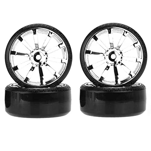 RC Plastic Wheel and Tire Set,WONFAST RC Drift Car 63mm Hard Tyres 12mm Hub Wheel for 1/10 On-Road Drifting Car Parts for HSP Tamiya HPI Kyosho TT02 (Silver) - color: Silver