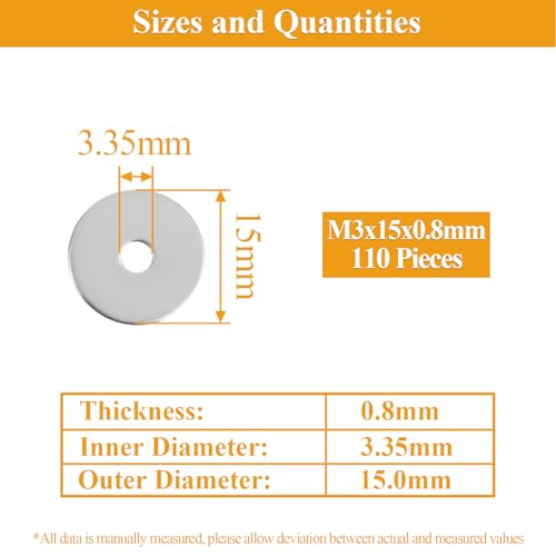 110 Pieces M3x15x0.8mm Fender Washers, 304 Stainless Steel Flat Washers, Fender Washers, Metal Washers for Screws Bolts - size: M3X15X0.8mm