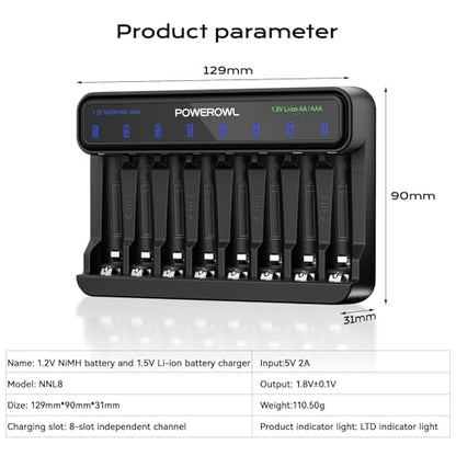 POWEROWL Smart Battery Charger for AA AAA Ni-MH/1.5V Lithium Rechargeable Batteries, Type-C Input, 8-Slot