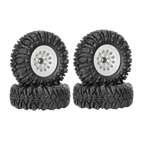 4PCS 1.3" Aluminum Alloy Beadlock Wheel Rims All-Terrain Tyre 70mm Rubber Tires Set with 5mm & 7mm Hex for 1/12 1/14 1/18 1/24 RC Rock Crawler Car Upgrade Parts (B-Silver) - color: B-silver