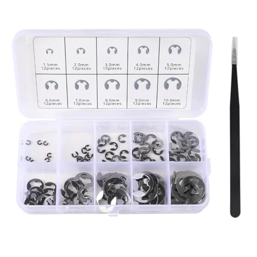 120pcs E-Clip Circlip External Retaining Clips Assortment Set 304 Stainless Steel Circlip Kit Anti Walk Washers 1.5/2 /3/4/5/6/7/8/9/10mm