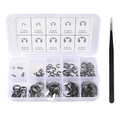 120pcs E-Clip Circlip External Retaining Clips Assortment Set 304 Stainless Steel Circlip Kit Anti Walk Washers 1.5/2 /3/4/5/6/7/8/9/10mm