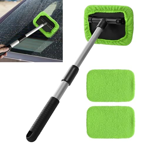 Windshield Cleaning Tool, Car Window Cleaner, Vehicle Window Cleaner with Extendable Handle & 2 Washable Microfiber Pads, Car Interior Glass Wiper Cleaning Kit for Most Vehicles (Green) - color: Green