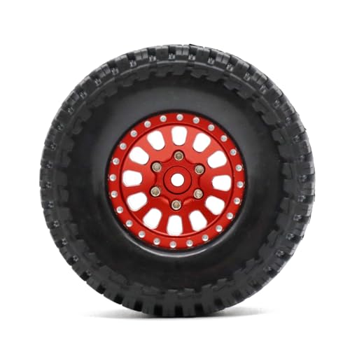 1.3” Brass Beadlock Wheels & All-Terrain Tires Set for 1/18 1/24 RC Crawler TRX4M, Axial SCX24 / AX24, Redcat Ascent-18, FMS FCX24, -5.40mm Offset, 7mm Hex, 4 pcs, Red - color: Red