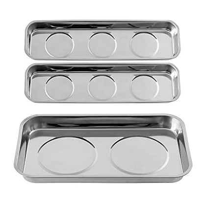 3 Pieces Magnetic Trays Set Stainless Steel Magnet Tool Tray Parts Holder for Screws, Sockets, Bolts, Pins, Mechanic's and Automotive - size: 3 Pieces Set (8.9" x 2.5" + 9.5" x 5.5")