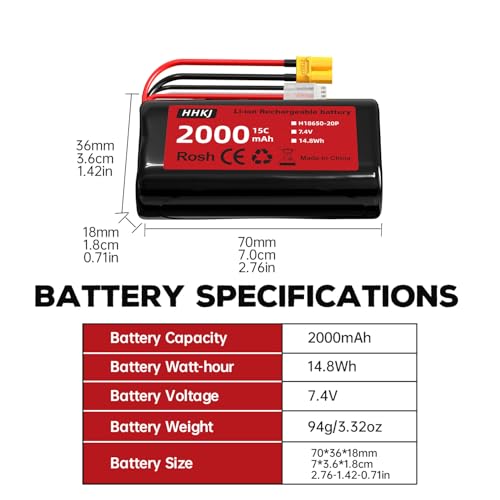 Li-ion Battery 7.4V 2000mAh with XT-30 Plug 2S Rechargeable RC Battery Suitable for 4WD High Speed RC Cars and Most 1/12, 1/16, 1/18 Scale RC Cars Trucks with 1 to 2 Charger