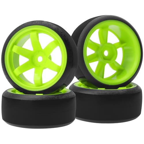ShareGoo 4PCS/Set 1/10 Drift Car Tires,62mm Hard Plastic Tires & Wheel Rims 12mm Hex Compatible with Traxxas HSP Tamiya HPI Kyosho Wltoys RC 1/10 On Road Drift Drifting Car (Green) - color: Green