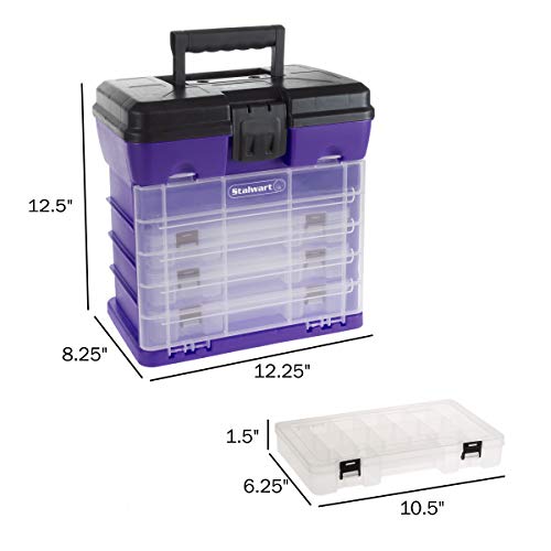 Storage and Tool Box-Durable Organizer Utility Box-4 Drawers with 19 Compartments Each for Hardware, Fish Tackle, Beads, and More by Stalwart (Purple) | With Drawers and Customizable Compartments for Hardware, Fishing Tackle Box, Beads, or Craft Supplies
