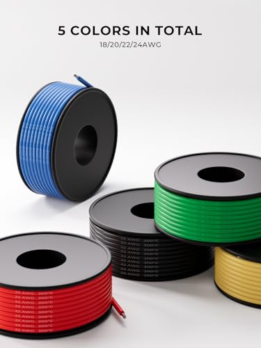22 AWG Silicone Wire Kit 250FT, 22 Gauge Stranded Tinned Copper Wire Spool, 5 Colors 50FT Each,Flexible Electrical Wire for DIY, Automotive, LED, Arduino, Battery Projects - size: 22AWG-50FTx5
