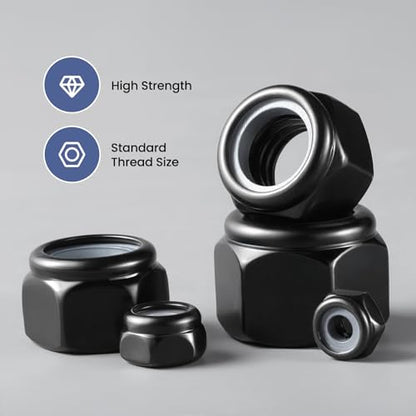 100Pcs #10-24 Lock Nuts, Nylon Insert Locknuts 304 Stainless Steel 18-8 SS Black Zinc Plated Self-Locking Nuts, Coarse Thread Hex Nylock Nut - size: #10-24