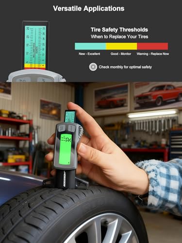 Rechargeable Digital Tire Tread Depth Gauge, USB-C, Backlit LCD | 0-1 inch Measuring Range, mm/Decimal/Fraction Inch Modes, Auto Power Off, Tire Wear Tool for Cars, SUVs, Trucks and RVs