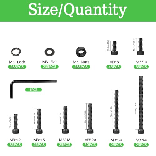 940PCS M3 Screws Assortment Kit, M3x8/10/12/16/18/20/30/40 mm Hex Socket Head Bolts, Nuts & Washers Assorted Set - 12.9 Alloy Steel Black Zinc Plated M3 Screw for 3D Printer,DIY - size: M3x8/10/12/16/18/20/30/40-940Pcs