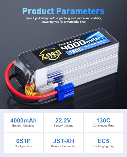Zeee Premium Pro 6S 4000mAh Lipo Battery 22.2V 130C EC5 Connector (2 Packs) | Ultra-Low Internal Resistance Soft Case Lipo Battery for RC Drone Helicopter Airplane RC Car Truck Boat Racing Models