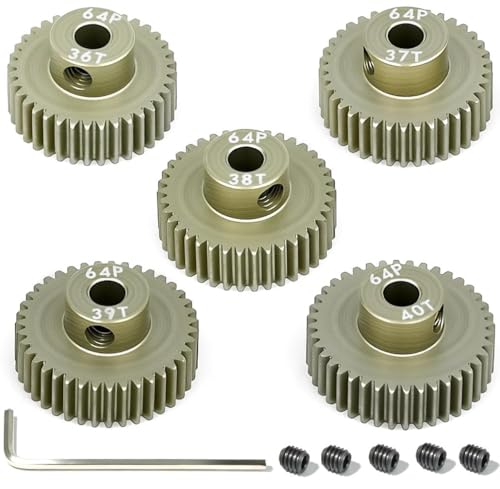 5Pcs 64P Aluminum Alloy Pinion Gear Set 3.175mm 36T 37T 38T 39T 40T Motor Pinion Gear W/ M4 Screw and Hex Key, Fit 3.175mm (1/8-Inch) Shaft, for Arrma HPI Kyosho Losi Axial Traxxas Tamiya 1/10 RC Car - size: 64P-3.175mm-36-40T