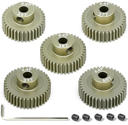 5Pcs 64P Aluminum Alloy Pinion Gear Set 3.175mm 36T 37T 38T 39T 40T Motor Pinion Gear W/ M4 Screw and Hex Key, Fit 3.175mm (1/8-Inch) Shaft, for Arrma HPI Kyosho Losi Axial Traxxas Tamiya 1/10 RC Car - size: 64P-3.175mm-36-40T