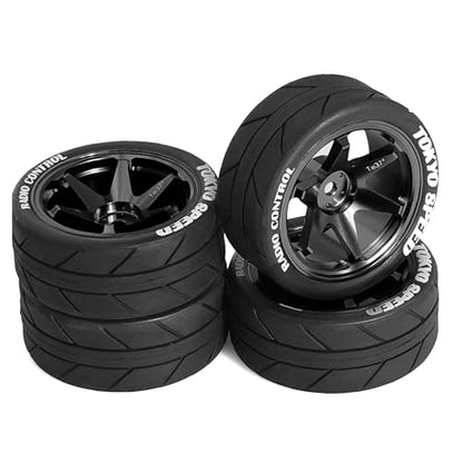 1/10 On Road Tires and Aluminum Wheels 12mm Hex RC Rally Racing Tyres OD 2.56" for Tamiya TT01 TT02 XV01 TA06 A959 PTG2 HPI KYOSHO PTG2 Traxxas 1:10 Street Touring Drift Car 4PCS (Black) - color: Black