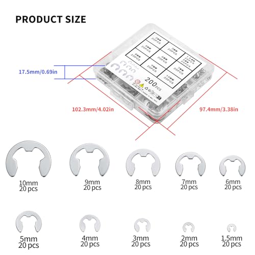 wugongshan 200 Pcs E-Clip Circlip External Retaining Rings, Stainless Steel E-Clips Assortment Kit, 10 Sizes External Circlip Snap Rings Retaining Clips Set - M1.5/M2/M3/M4/M5/M6/M7/M8/M9/M10