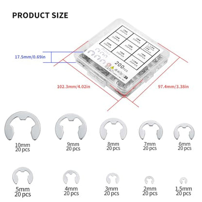 wugongshan 200 Pcs E-Clip Circlip External Retaining Rings, Stainless Steel E-Clips Assortment Kit, 10 Sizes External Circlip Snap Rings Retaining Clips Set - M1.5/M2/M3/M4/M5/M6/M7/M8/M9/M10