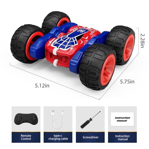 Tecnock Spider Remote Control Car, 2.4GHz RC Cars with USB-C Easy Charging, 4WD Double Sided 360° Rotates & Flips RC Stunt Car, Toys Gift for Boys and Girls Ages 6-8, 8-12 - color: Red
