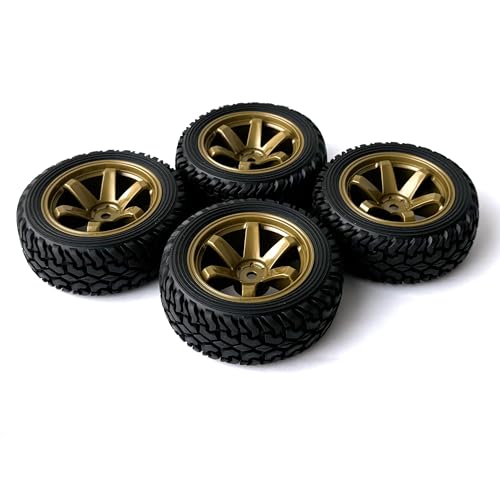 4PCS 75mm Rubber Tires and 6Spokes Plastic Wheel Rims Tyre for 1/10 RC On-Road Drift Racing Car 1:14 1:16 Rally Car for Tamiya Kyosho HPI HSP TT02 Upgrades Parts (Gold) - color: Gold