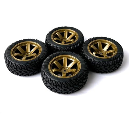 4PCS 75mm Rubber Tires and 6Spokes Plastic Wheel Rims Tyre for 1/10 RC On-Road Drift Racing Car 1:14 1:16 Rally Car for Tamiya Kyosho HPI HSP TT02 Upgrades Parts (Gold) - color: Gold