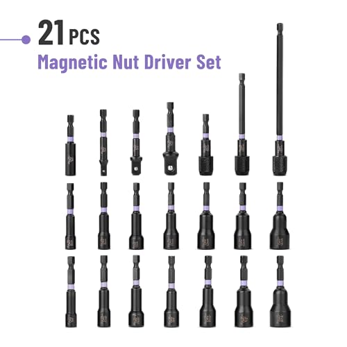 Bates- Magnetic Nut Driver Set, 21 pcs, 1/4" Hex Shank, Impact Socket Adapters, Metric and SAE Nut Driver, Quick-Release, Magnetic Nut Driver Set for Impact Drill Socket Set, Impact Driver Socket Set