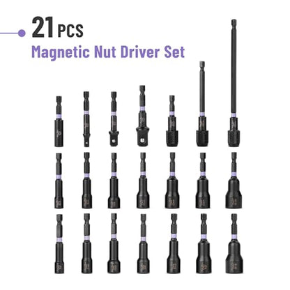 Bates- Magnetic Nut Driver Set, 21 pcs, 1/4" Hex Shank, Impact Socket Adapters, Metric and SAE Nut Driver, Quick-Release, Magnetic Nut Driver Set for Impact Drill Socket Set, Impact Driver Socket Set