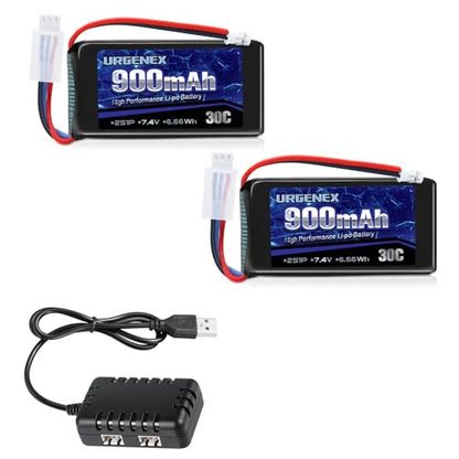 SCX24 Battery 7.4V Lipos 2S 30C(Burst 60C) 900mAh Rechargeable Lithium Battery with PH2.0 Plug Compatible with Most 1/10, 1/16, 1/18, 1/24 Scale RC Cars Trucks with 1TO2 USB Charger