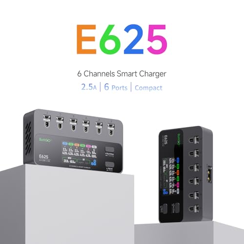 ISDT E625 6-Channel 1S LiHV/LiPo Battery IPS Screen Smart Charger/Discharger, Type-C/XT60 PD Powered with BT2.0/PH2.0 Ports, Features 4.35V 2.5A Fast Charging for Tiny Whoop FPV Drones RC Batteries