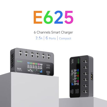 ISDT E625 6-Channel 1S LiHV/LiPo Battery IPS Screen Smart Charger/Discharger, Type-C/XT60 PD Powered with BT2.0/PH2.0 Ports, Features 4.35V 2.5A Fast Charging for Tiny Whoop FPV Drones RC Batteries