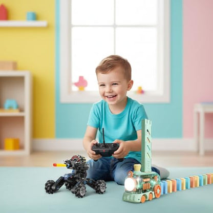 RC Tank Car with Drift Hand Gesture Control 2.4Ghz Free Deformation Truck with Light Spray & Domino Train Toy 80 PCS Dominos STEM Montessori with Lights & Music Gifts for Boys Girls 3-6