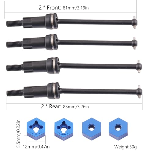 Steel Universal Front and Rear CVD Axles Drive Shafts Set with Aluminum 7075 Wheel Hex Upgrade Parts for Arrma 1/18 Granite Grom Mega 380 Brushed 4x4 Monster Truck RTR, Black (4PCS) - color: Front-rear Cvd- Black