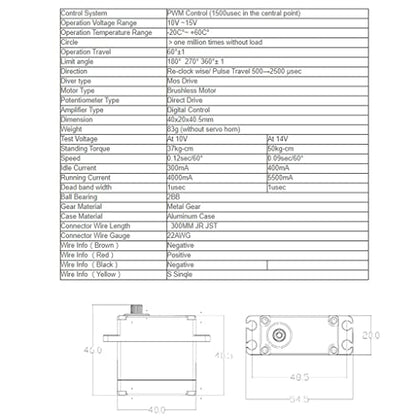 50kg 14V Waterproof IP67 Digital Brushless Servo Motor with 1/6，1/8, 1/10, 1/12 RC Crawler Car/Robot/Boat (180°)