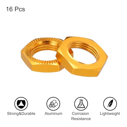 MECCANIXITY Aluminum 17mm RC Wheel Nut Thread M12x1.0mm Hex Wheel Nuts RC Wheel Nut for 1/8 RC Model Car Trucks Off Road Car Upgraded Parts Pack of 16(Golden) - color: Golden