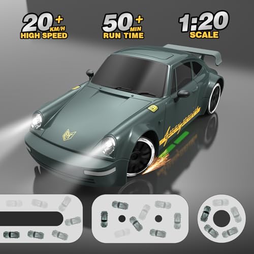 Remote Control Car RC Drift Car 2.4GHz 1:20 Scale 4WD 20KM/H High Speed Remote Control Cars with LED Lights Drifting Tire 2Pcs Rechargeable Batteries Toy Cars for Adults Boys Girls (Gray Green) - color: Gray Green