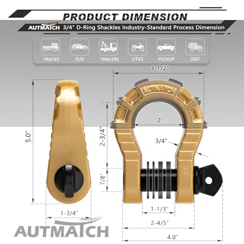 AUTMATCH D Ring Shackles 3/4" Mega Shackle (2 Pack) 68,000Ibs Break Strength - Heavy Duty Clevis Shackles with 7/8" Screw Pin and Isolator Washer for Tow Strap Winch Off Road Vehicle Recovery, Gold - color: Gold & Black