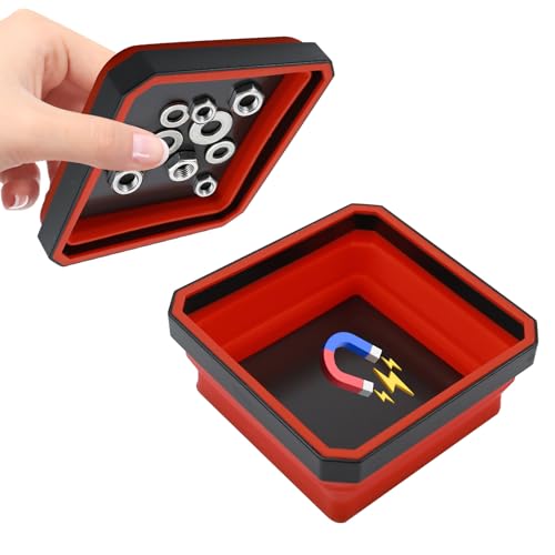 Collapsible Magnetic Parts Tray, 4.5 Inch Square Silicone Tray Holder with Double-Sided Magnetic Base, Foldable Tool Trays for Screw Bolts Nuts Pins Small Parts, Car Accessories (Red) - color: Red