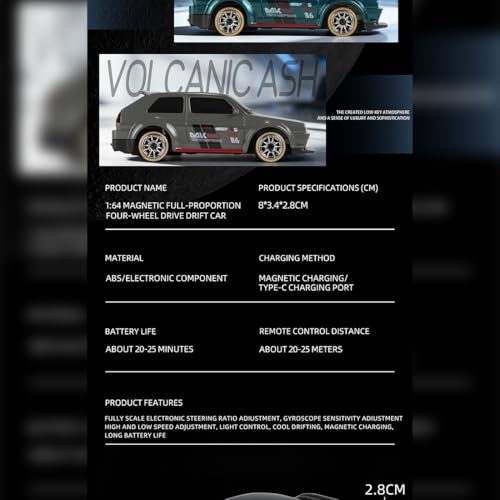 1/64 Scale 2.4G Full-Scale 4WD RC Drift Car, Gyro-Stabilized Steering, Magnetic Charging, Two-Speed Modes (Grey) - color: Grey