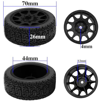 1/10 RC On Road Tires & Nylon Wheel Rims 12mm Hex OD70mm Rubber Tires Compatible with Tamiya TT01 TT02 XV01 HSP HPI Kyosho Traxxas WLtoys 1/10 1/12 On-Road Touring Car (Black) - color: Black